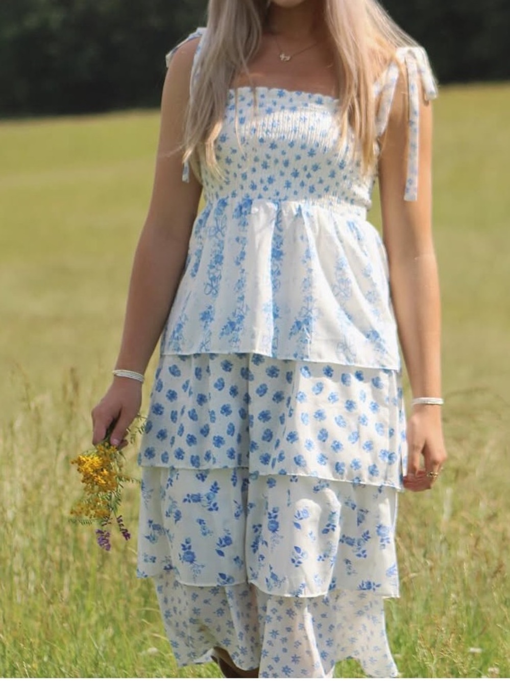 Crystal Doll Blue Floral Mixed Media Dress. Tiered | Fairy | Ecru & Blue Sz-S - Picture 2 of 9